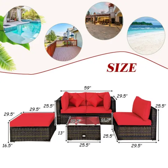 5 Pcs Outdoor Patio Rattan Furniture Set Sectional Conversation with Cushions Red {4}