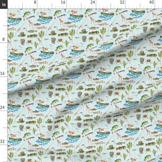 Various Fabrics by the Yard or Fat Quarter Watercolor Adventure Fish Boat Nautical Light Blue Custom Printed Fabric by Spoonflower {1}