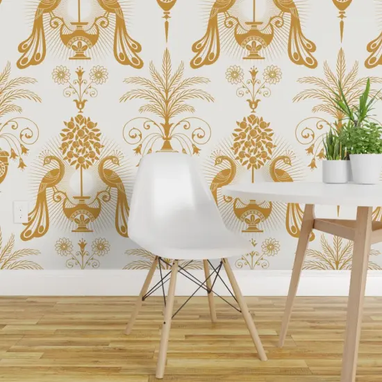 Pre-Pasted Wallpaper 2FT Wide Gold Peacock Mediterranean Toscana Golden Italian Villa Palm Garden Fruit Damask Floral Botanical Classical Large Scale Custom Pre-pasted Wallpaper by Spoonflower {1}