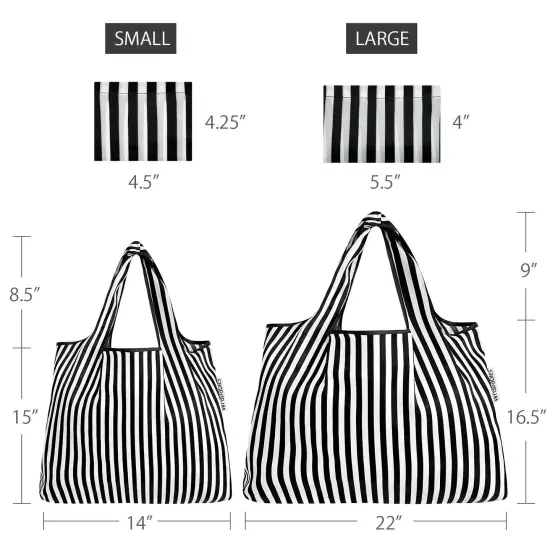 Wrapables Large & Small Foldable Tote Nylon Reusable Grocery Bags, Set of 2 Black Stripes {2}