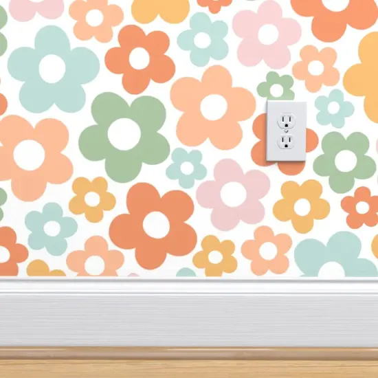 Pre-Pasted Wallpaper 2FT Wide Retro Whimsical Floral Sage Green Mustard Yellow Pale Pink Boho Custom Pre-pasted Wallpaper by Spoonflower {4}