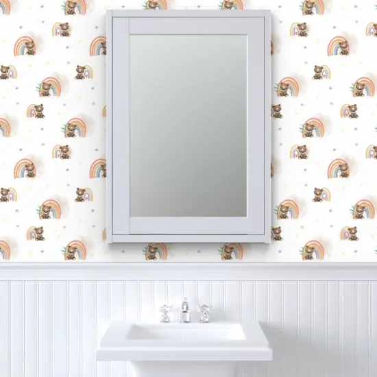 Peel & Stick Wallpaper 2FT Wide Woodland Nursery Cute Bears Watercolor Rainbow Kids Forest Animals Baby Stars Custom Removable Wallpaper by Spoonflower {6}
