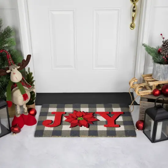 Northlight Gray and Red Poinsettia "Joy" Christmas Natural Coir Outdoor Doormat 18" x 30" {3}