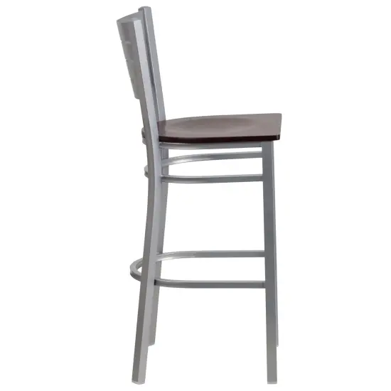 Emma and Oliver 2 Pack Silver Slat Back Metal Restaurant Barstool MahoganyWood/Silver {4}