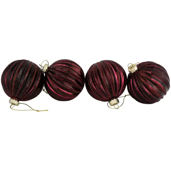 Northlight Ribbed Glittered Glass Ball Christmas Ornaments - 3" (75mm) - Maroon - 4ct Red {4}
