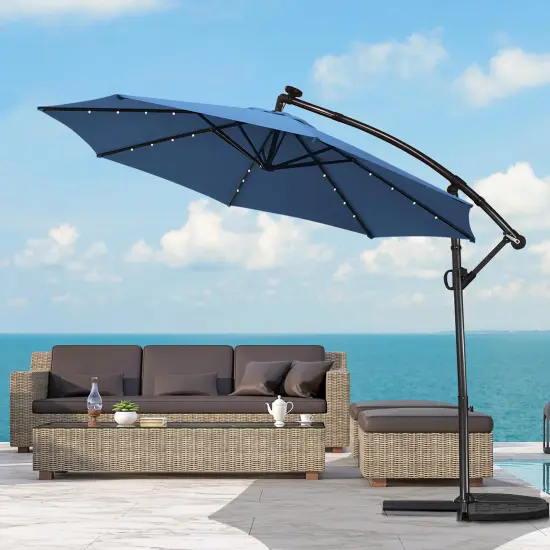 Costway 10FT Patio Offset Umbrella Solar Powered LED 360Degree Rotation Aluminum Blue {6}
