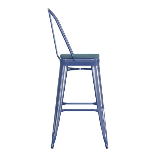 Emma and Oliver Kam Metal Indoor-Outdoor Stool with Removable Back and All-Weather Polystyrene Seat Blue/Teal-Blue {5}