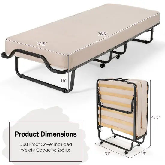 Costway Folding Bed w/Memory Foam Mattress Dust-Proof Bag Rollaway Metal Bed Sleeper Made in Italy {4}
