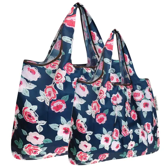 Wrapables Large & Small Foldable Tote Nylon Reusable Grocery Bags, Set of 2 Rose Floral {1}