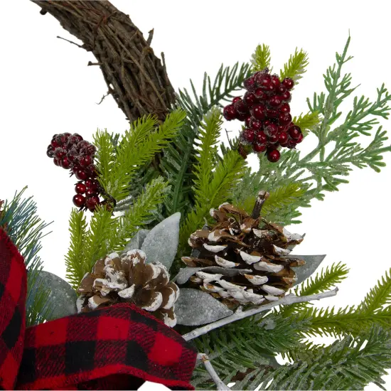 Northlight Icy Winter Foliage and Plaid Bow Artificial Christmas Twig Wreath, 23 inch, Unlit Brown {5}