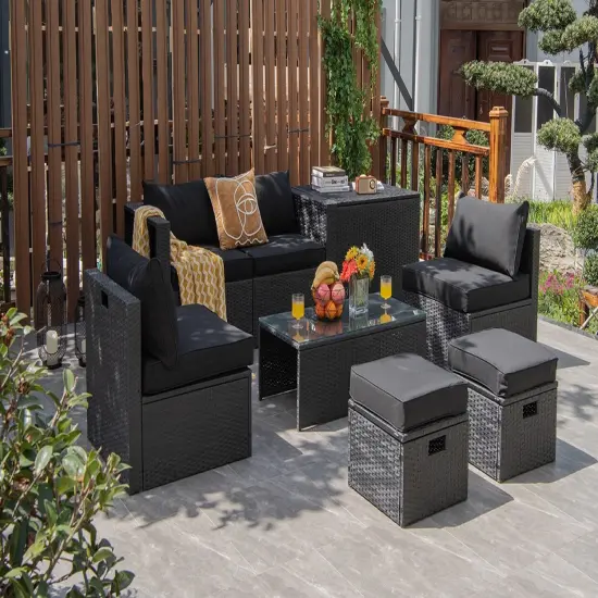 8 Pieces Patio Rattan Storage Table Furniture Set Black {2}