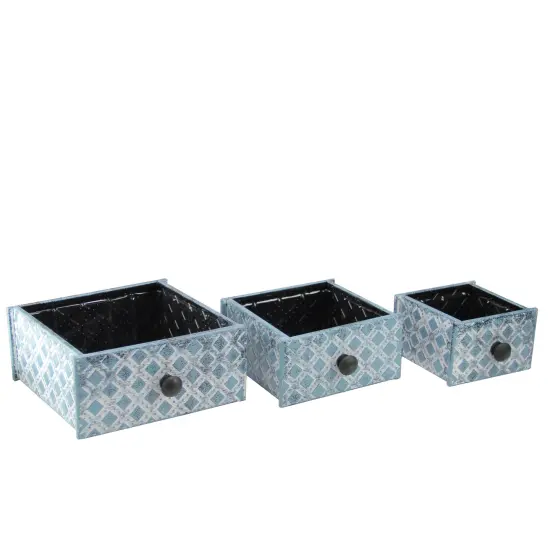 Napco Set of 3 Blue and White Checkered Square Drawer Planters 8.75" {1}