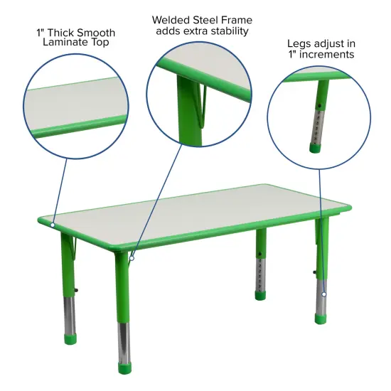 Emma and Oliver 23.625"W x 47.25"L Rectangular Plastic Height Adjustable Activity Table Green {3}