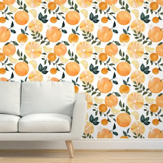 Peel & Stick Wallpaper 2FT Wide Watercolor Fruit Summer Orange Citrus Modern Botanical Bright Custom Removable Wallpaper by Spoonflower {5}