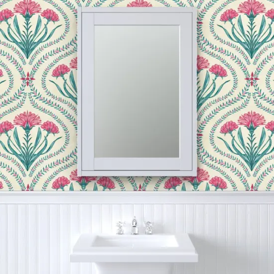 Peel & Stick Wallpaper 2FT Wide Floral Ogee Indian Chintz Green Pink Xl Large Scale Damask Vibrant Classic Custom Removable Wallpaper by Spoonflower {6}