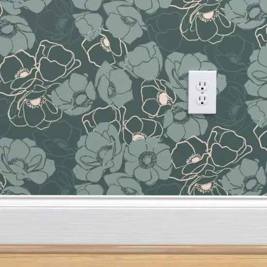 Pre-Pasted Wallpaper 2FT Wide Emerald Modern Floral Botanical Blush Custom Pre-pasted Wallpaper by Spoonflower {4}