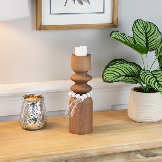 Northlight Wooden Tealight Candle Holder with Beaded Tassel - 9.75" - Brown {3}