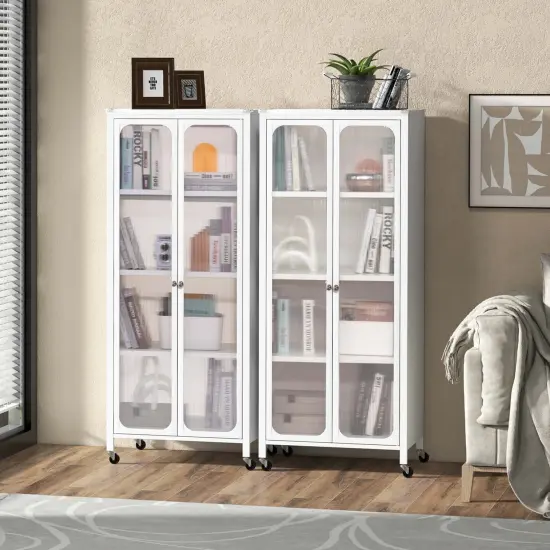 Costway Storage Cabinet with Wheels & 2 Translucent Doors Adjustable Shelves Sideboard 24" x 14.5" x 58" {4}
