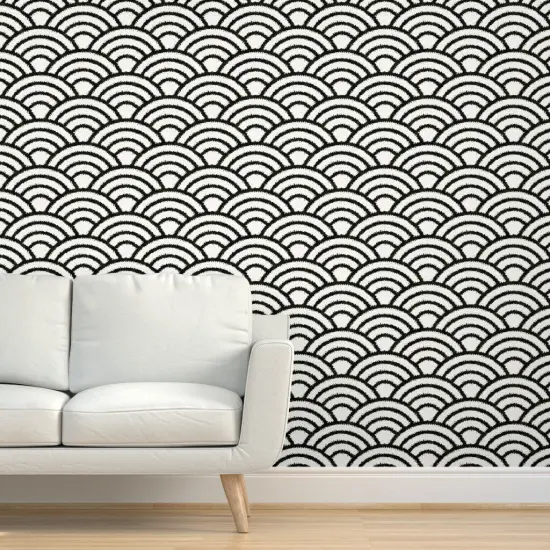 Peel & Stick Wallpaper 2FT Wide Rice And Nori Black White Japan Japanese Wave Geometric Monochrome Stripes Custom Removable Wallpaper by Spoonflower {5}