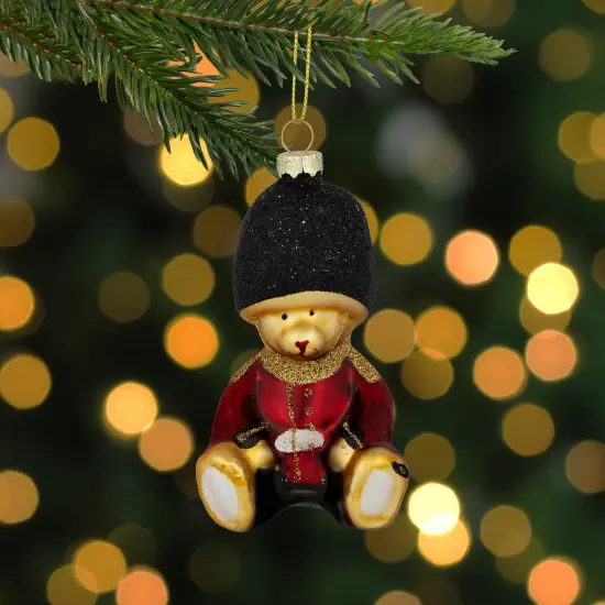 Northlight Glittered Teddy Bear Soldier Glass Christmas Hanging Ornament - 4" - Red and Black {3}