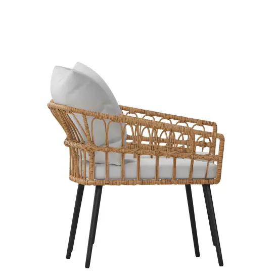 Merrick Lane Armon Set of Two Indoor/Outdoor Boho Style Open Weave Rattan Rope Patio Chairs with Cushions Natural/Gray {5}