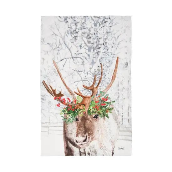 Christmas Reindeer Wearing Red Holly Flower Crown Printed 100% Cotton Flour Sack Dishtowel {1}