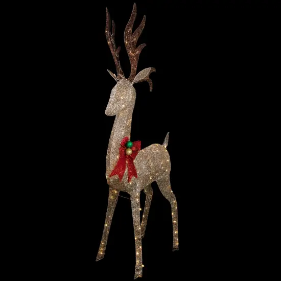 Northlight 74" LED Lighted Champagne Deer with Red Bow Outdoor Christmas Decoration Gold {4}