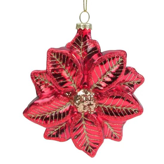 Northlight 4.5" Red and Gold Glittery Poinsettia Glass Christmas Ornament {1}