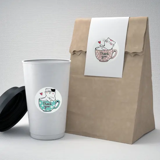 Wrapables 1.5" / 2" Thank You Stickers Roll, Sealing Stickers and Labels for Boxes, Envelopes, Bags, Small Businesses, Weddings, Parties (500pcs) Kitties & Cups {4}