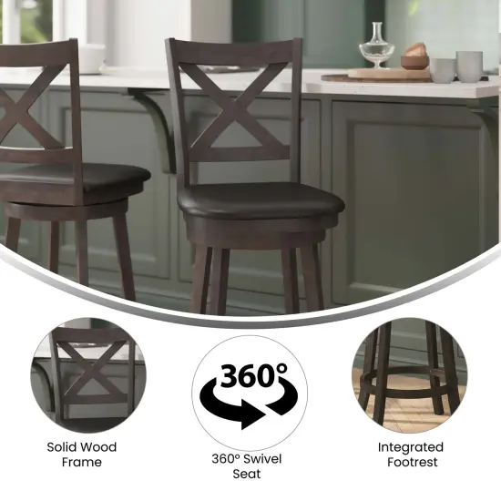 Merrick Lane Sora 24" Classic Wooden Crossback Swivel Counter Height Pub Stool with Upholstered Padded Seat and Integrated Footrest GrayWashWalnut/Black {2}