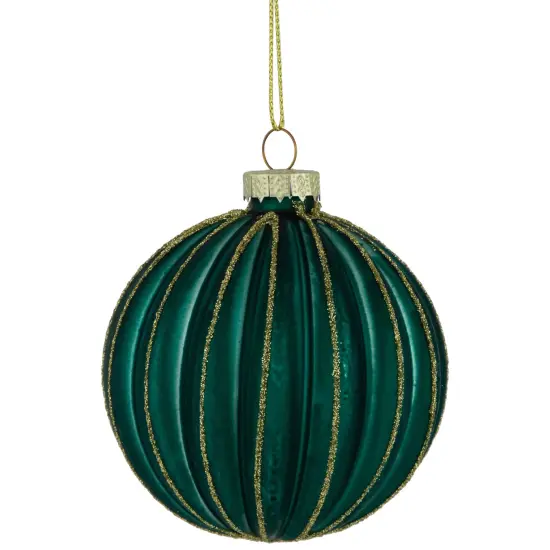 Northlight Glittered Ribbed Glass Christmas Ball Ornaments - 3" (75mm) - Green and Gold - 4ct {1}