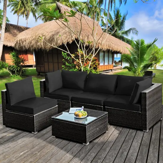 5 Pieces Cushioned Patio Rattan Furniture Set with Glass Table Black {1}
