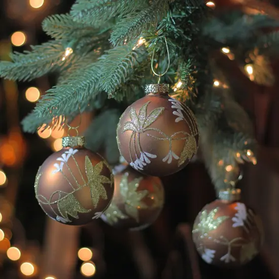 Northlight Glittered Flower Vine Glass Christmas Ball Ornaments - 3" (75mm) - Bronze - 4ct Brown {3}