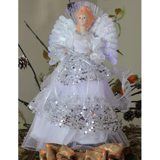 Northlight 16" White and Silver Lighted Fiber Optic Angel Sequined Gown Christmas Tree Topper {4}