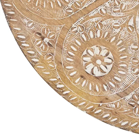 Northlight 22" Brushed White Engraved Floral Round Tri Leg Wooden Side Table Beige {6}