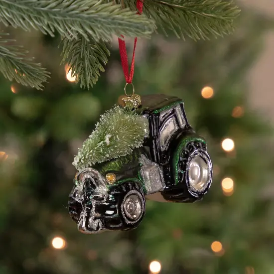 Northlight Tractor with Tree Glass Christmas Ornament - 4" - Green {3}