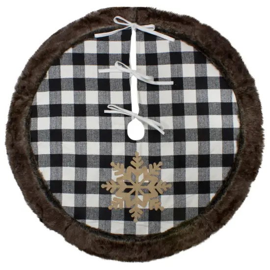 Northlight 48" Black and White Buffalo Plaid Christmas Tree Skirt with Burlap Snowflake {3}