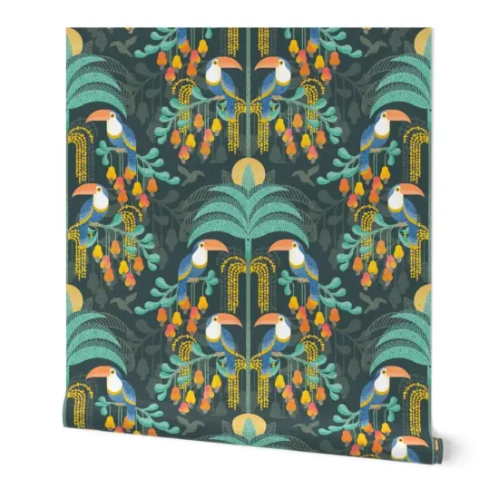 Peel & Stick Wallpaper 2FT Wide Rainforest Damask Dark Tropical Forest Exotic Birds Fruit Soft Orange Coral Salmon Bright Pastel Boho Yellow Mint Blue Large Scale Custom Removable Wallpaper by Spoonflower {7}