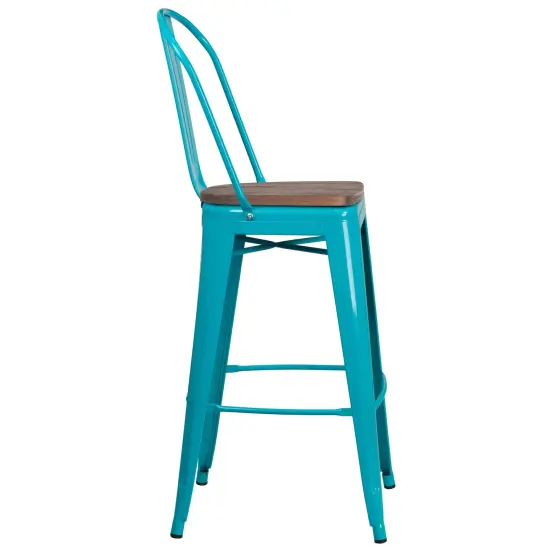 Merrick Lane Sarah 30" Metal Indoor-Outdoor Counter Stool with Vertical Slat Back, Integrated Footrest and Wood Seat Crystal Teal-Blue {4}