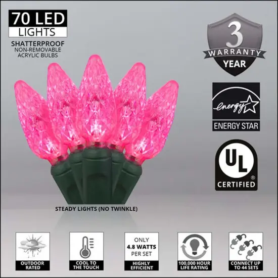 70 Pink C6 LED Christmas Lights, Green Wire, 4" Spacing {3}