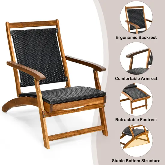 CostwayPatio Folding Rattan Lounge Chair Wooden Frame W/ Retractable Footrest {4}