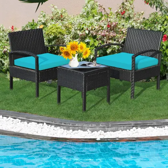 3 Pieces Outdoor Rattan Patio Conversation Set with Seat Cushions Turquoise {2}