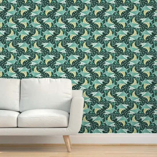 Pre-Pasted Wallpaper 2FT Wide Space Whales Ocean Nautical Animals Moon Galaxy Clouds Teal Celestial Whimsical Cosmos Crescent Custom Pre-pasted Wallpaper by Spoonflower {5}