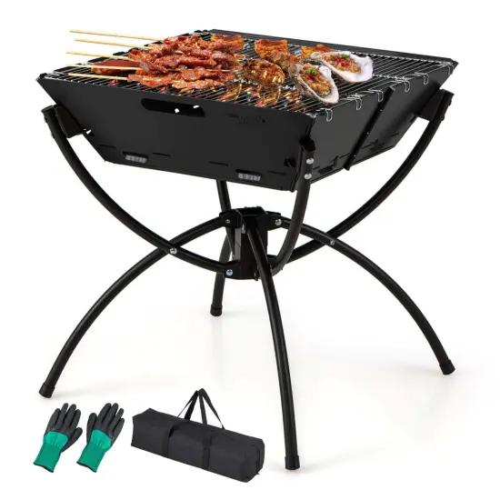 Costway 3-in-1 Portable Charcoal Grill Folding Camping Fire Pit with Carrying Bag & Gloves Black/Coffee {7}