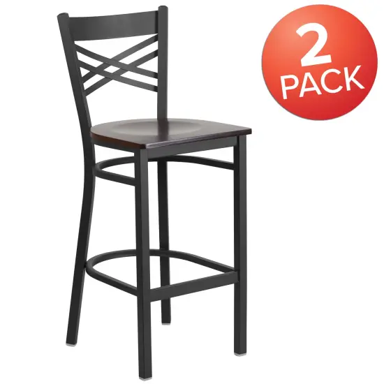 Emma and Oliver 2 Pack "X" Back Metal Restaurant Barstool Walnut/BlackMetal {5}