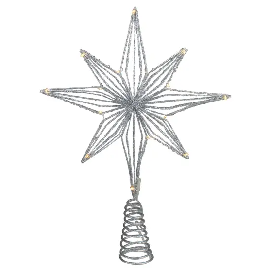 Northlight 13.75" LED Lighted B/O Silver Glittered Geometric Star Christmas Tree Topper - Warm White Lights {1}