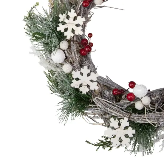 Northlight Snowflakes and Berries Winter Foliage Christmas Wreath - 13" - Unlit White {4}