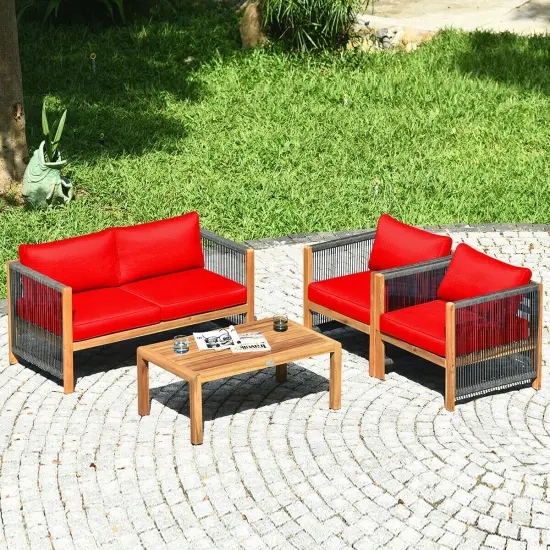 4 Pcs Acacia Wood Outdoor Patio Furniture Set with Cushions Red {6}