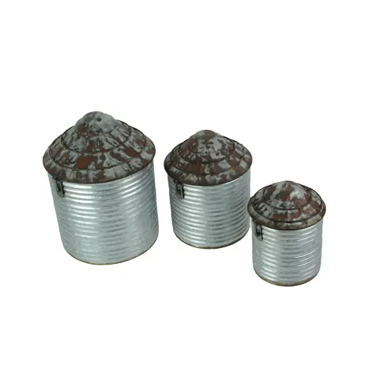 Vintage Farmhouse Style Galvanized Decorative Tin Silo Canister Set of 3 {2}