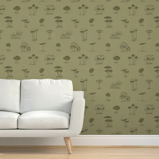Pre-Pasted Wallpaper 2FT Wide Cute Green Mushrooms Forest Olive Woodland Boys Botanical Cottagecore Nature Custom Pre-pasted Wallpaper by Spoonflower {5}